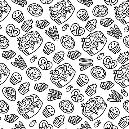 Hand drawn black and white dessert and snack repeat vector illustration. Food seamless pattern with cake, cupcake, donut, pretzel, churros sketch