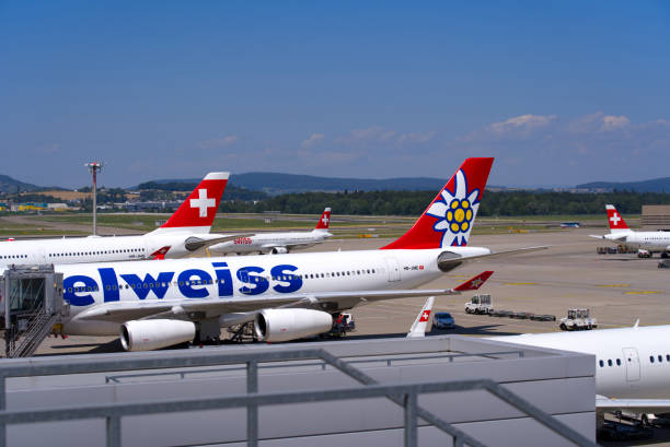 avión chárter suizo de larga distancia llamado pilatus estacionario en el aeropuerto internacional suizo. - airbus named airline horizontal airplane fotografías e imágenes de stock
