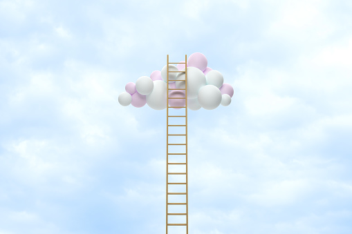 The concept of difficulty in reaching to success, Abstract clouds in white and pink color and a stepladder, Digitaly generated image.
