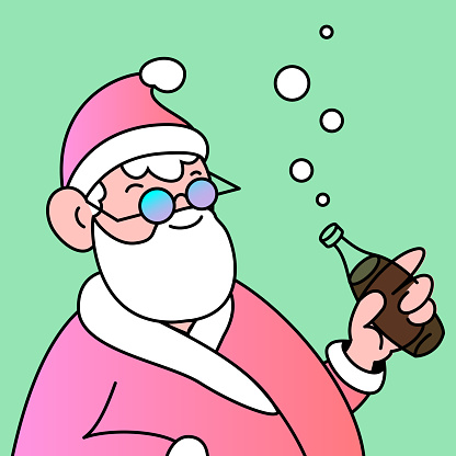 Christmas NFT Santa drinking soda. Holiday cartoon character, doodle style, vector illustration