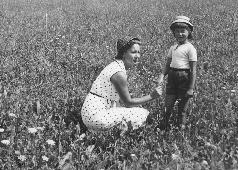 Mother with her daughter on vacation in European Alps,1952.