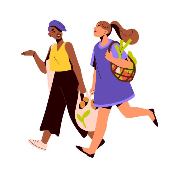 Happy women friends carrying tote and mesh bags from grocery store, food market. Modern girls going, walking, talking after shopping. Flat graphic vector illustration isolated on white background Happy women friends carrying tote and mesh bags from grocery store, food market. Modern girls going, walking, talking after shopping. Flat graphic vector illustration isolated on white background. happy family shopping stock illustrations