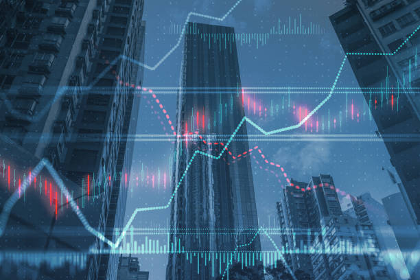 istock Bright glowing forex chart on blurry wallpaper. Trade, finance, stats. Double exposure. 1426163032