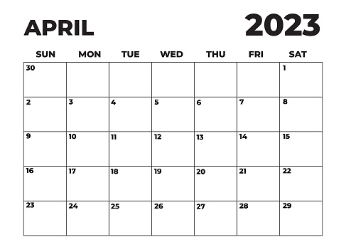 April 2023 Black and White Sunday Start Landscaped Monthly Planner