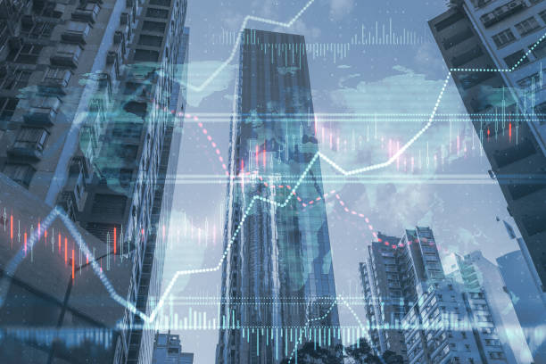 istock Abstract glowing forex chart on blurry background. Trade, finance, stats. Double exposure. 1426163124