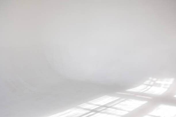 istock Clear white cyclorama. Light background with sun light and shadows. Plain wall empty photo studio. 1426164168