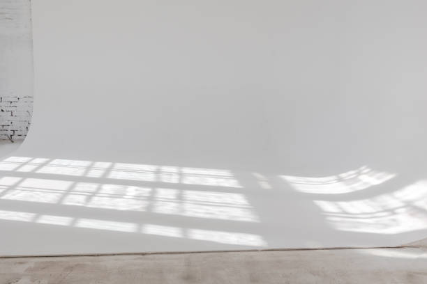 Clear white cyclorama. Light background with sun light and shadows. Plain wall empty photo studio.