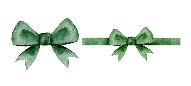 Green gift bow in watercolor style isolated on white background. Hand drawing decorative bow elements vector illustration