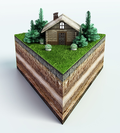 House, trees and plants on pie slice showing layers of earth.