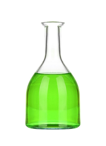 Chemical laboratory flask with green liquid isolated on white background