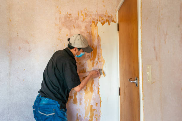istock Man wearing facemask and removing wallpaper inside an old house 1426170412