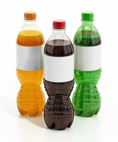 Orange, black and green soda bottles collection with blank labels isolated on white.