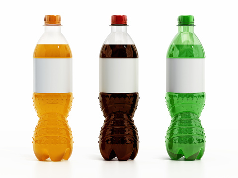 Orange, black and green soda bottles collection with blank labels isolated on white.