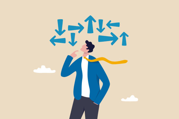 ilustrações de stock, clip art, desenhos animados e ícones de decision making, decide the right way or choosing options, best alternative or solution to success, business direction or thinking concept, contemplation businessman making decision where to go next. - anticipation