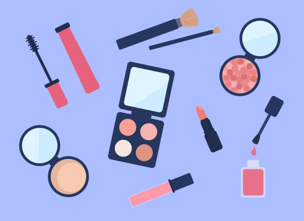 High Angle View Of Make-up Desk. Eye Shadow, Mascara, Lipstick, Powder Compact And Make-up Brushes On Lilac Background vector art illustration