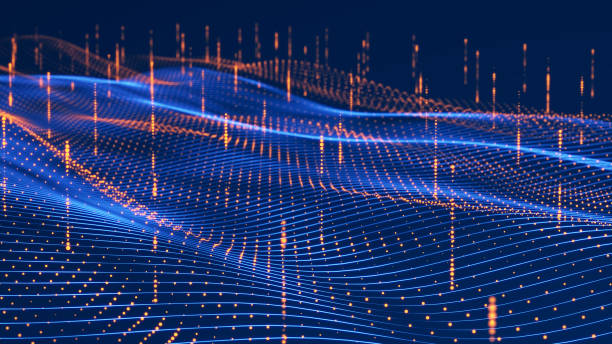 istock Particle stream. Blue wave background with many glowing particles. Information technology background. 3d rendering. 1426179340