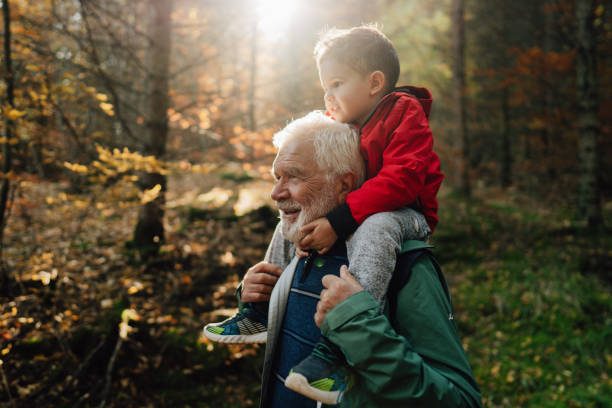 Taking my grandson on a hike stock photo