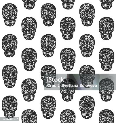 istock Vector seamless pattern of hand drawn doodle sketch Mexican sugar skull 1426181167
