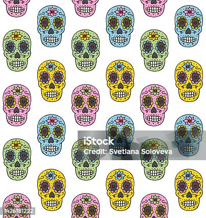 istock Vector seamless pattern of hand drawn doodle sketch Mexican sugar skull 1426181222
