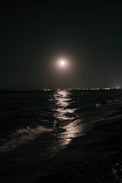 Evening seafront with lights and moon. Relaxation.