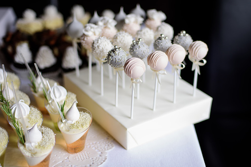 handmade cake pops for wedding decoration, detail shot,space for copy