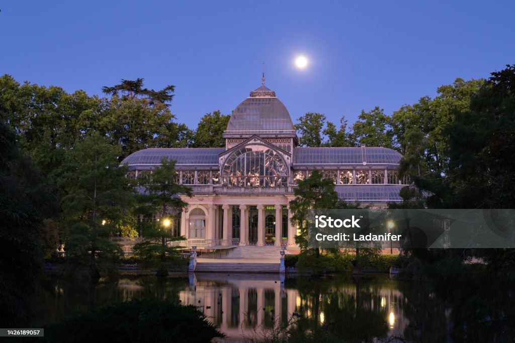 Night view of Crystal Palace in the Buen Retiro Park. Madrid, Spain Night view of Crystal Palace in the Buen Retiro Park. Madrid, Spain. Palacio de cristal. Spain Stock Photo