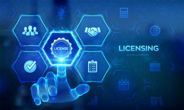 istock Licensing. License agreement concept. Copyright protection law license property rights. Business technology concept on virtual screen. Wireframe hand touching digital interface. Vector illustration. 1426189239