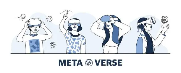 Vector illustration of Teenagers Set in virtual reality glasses . The metaverse concept. Technologies of games in virtual reality. Vector illustration