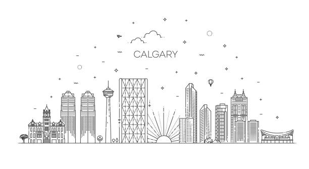 umreißen sie die skyline von calgary canada city mit modernen gebäuden - financial district calgary business built structure stock-grafiken, -clipart, -cartoons und -symbole