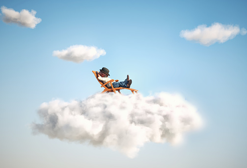 Man relaxing on a cloud. Contemplation and aspirations concept. This is a 3d render illustration .