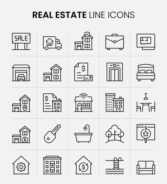 illustrazioni stock, clip art, cartoni animati e icone di tendenza di icone della linea immobiliare - real estate vertical usa the americas