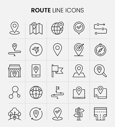 Route Vector Style Editable Stroke Line Icon Set