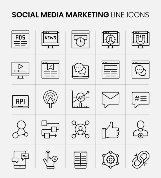 Social Media Marketing Line Icons Social Media Marketing Vector Style Editable Stroke Line Icon Set news feed icon stock illustrations