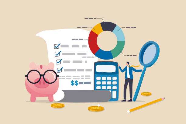 Budget planning or income management, spending and expense report or investment balance sheet, debt calculation and analysis, businessman with magnifier planning budget with calculator and chart. vector art illustration