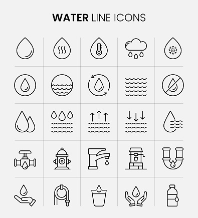 Water Vector Style Editable Stroke Line Icon Set