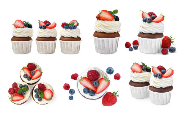 istock Set with delicious cupcakes on white background 1426206816