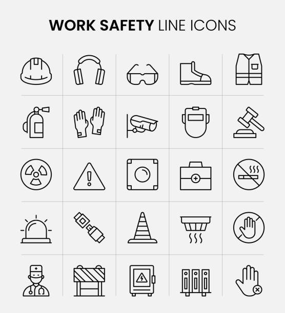 Work Safety Line Icons Work Safety Vector Style Editable Stroke Line Icon Set crash site stock illustrations