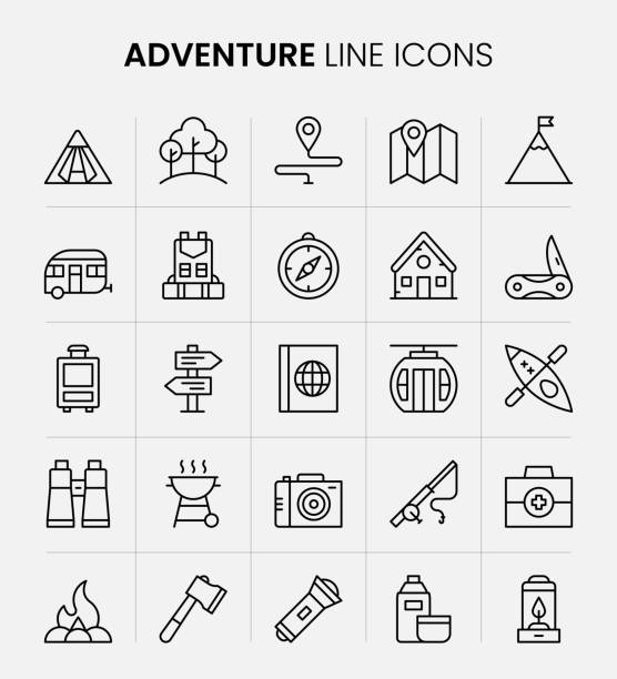 Adventure Line Icons Adventure Vector Style Editable Stroke Line Icon Set grill rods stock illustrations