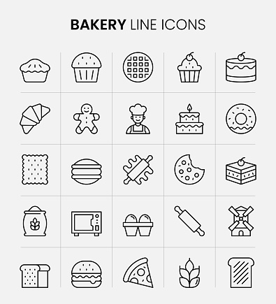 Bakery Vector Style Editable Stroke Line Icon Set