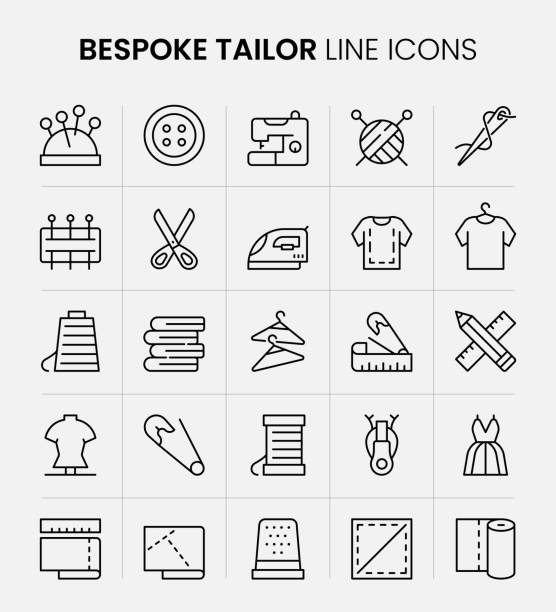 ilustraciones, imágenes clip art, dibujos animados e iconos de stock de iconos de línea a medida - tailor suit textile fashion