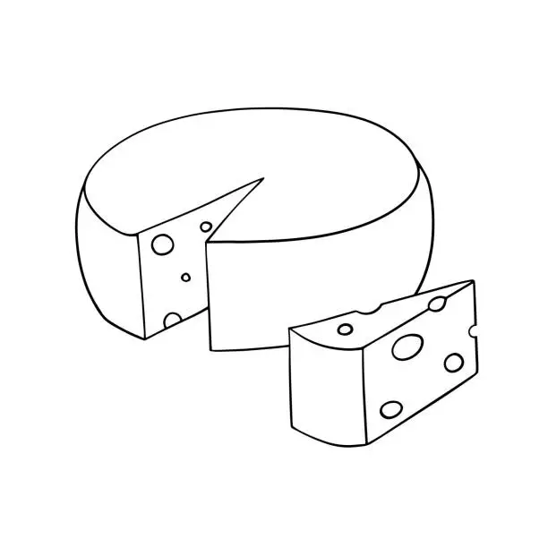 Vector illustration of A set of monochrome icons, a large cheese head with a cut piece, a triangular piece of cheese, vector cartoon