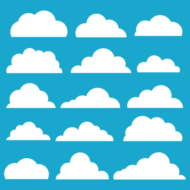 ikon vektor awan mengatur warna putih pada latar belakang biru. - awan ilustrasi stok