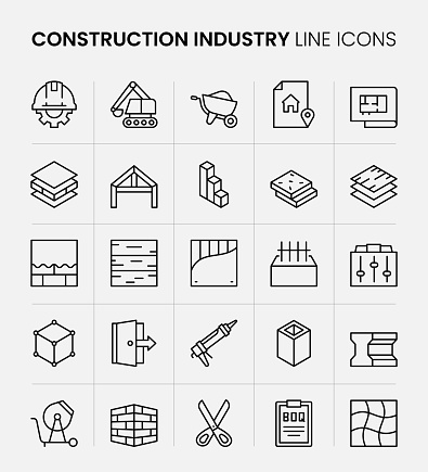 Construction Industry Vector Style Editable Stroke Line Icon Set