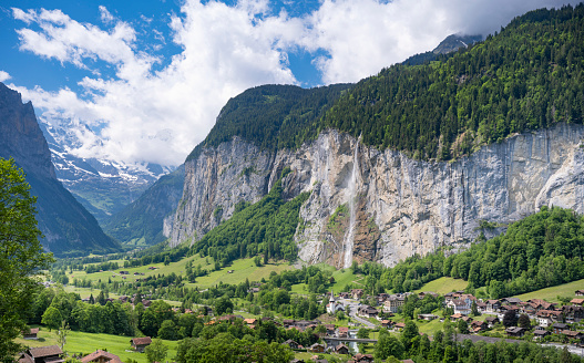 Panorama of the famous Staubbach Falls, Trümmelbach Falls, Lauterbrunnen Valley, Switzerland