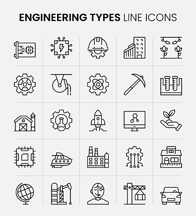 Engineering Types Vector Style Editable Stroke Line Icon Set