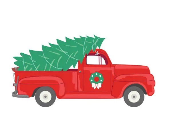 Vector illustration of Old Pickup Truck With A Christmas Tree Isolated On A Transparent Background