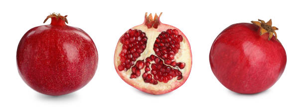 istock Set with tasty ripe pomegranates on white background. Banner design 1426212268