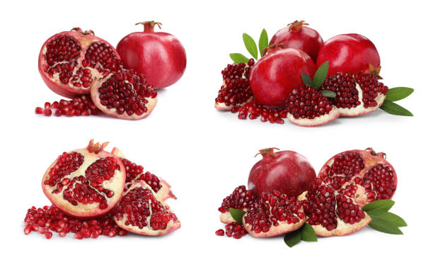 istock Set with tasty ripe pomegranates on white background 1426212570
