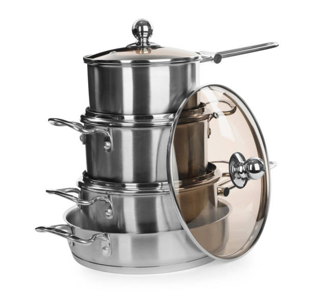 istock Set of stainless steel cookware on white background 1426214140