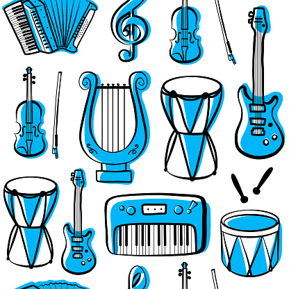 Outline musical instruments seamless pattern, vector isolated on white background silhouettes, simple hand drawn doodle icons.